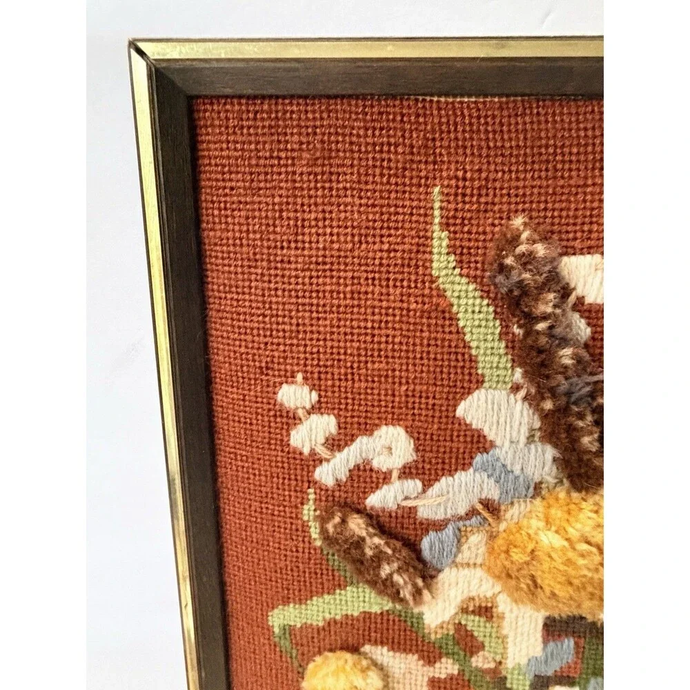 VTG Completed Needlepoint Crewel Large Stitchery Indian Heritage Bouquet 70s Art
